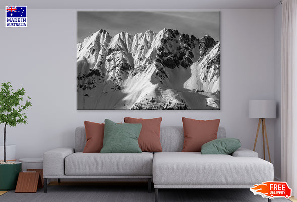 Aerial View of Snow Covered Mountain Print 100% Australian Made Stretched Canvas Ready to Hang - BW-117