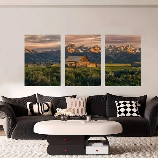 3pcs Mountain Cabin Metal Tranquil Nature Print Ready to Hang Art