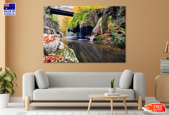 Bridge over Mossy Rock & Waterfall Print 100% Australian Made Stretched Canvas Ready to Hang - NT-117