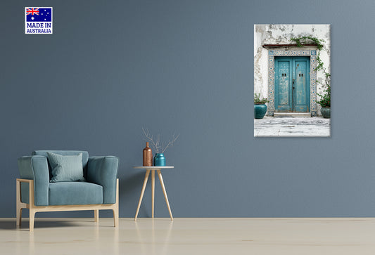 Antique Blue Door with Vintage Wall Print 100% Australian Made 40x60cm Stretched Canvas Ready to Hang