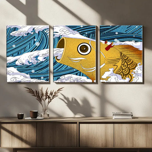 3pcs Japanese Style Ocean Wave & Fish Design Metal Print Ready to Hang Art