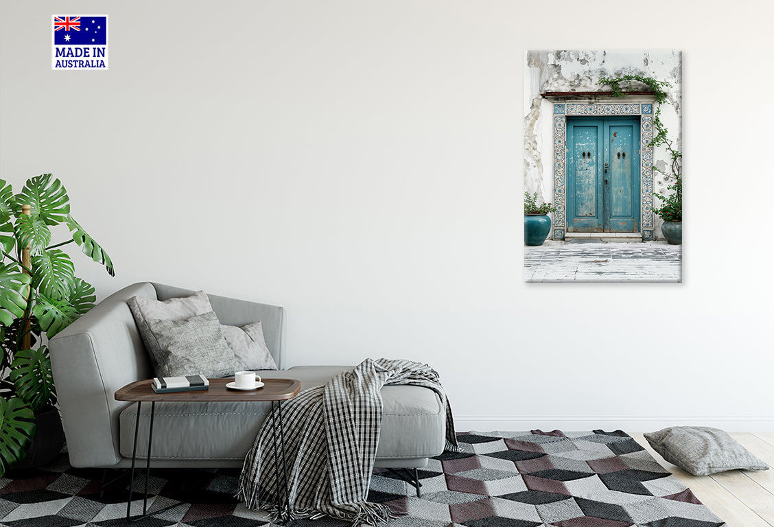 Antique Blue Door with Vintage Wall Print 100% Australian Made 40x60cm Stretched Canvas Ready to Hang