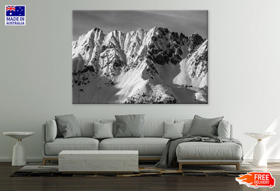 Aerial View of Snow Covered Mountain Print 100% Australian Made Stretched Canvas Ready to Hang - BW-117