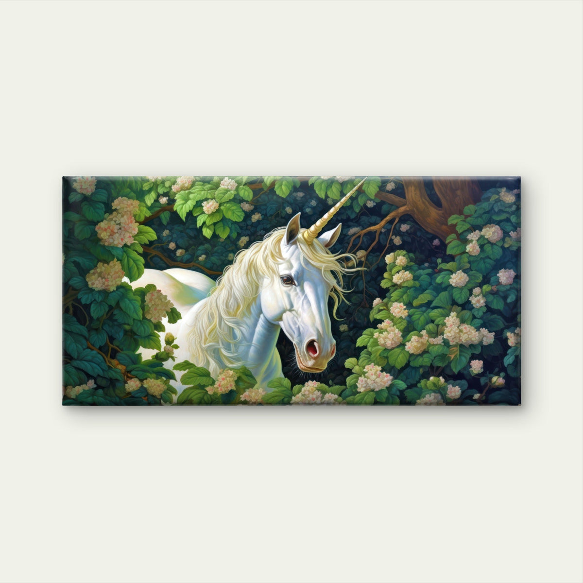White Unicorn In Garden Fantasy Majestic Forest Wall Art Canvas Office Home Framed 120x60cm