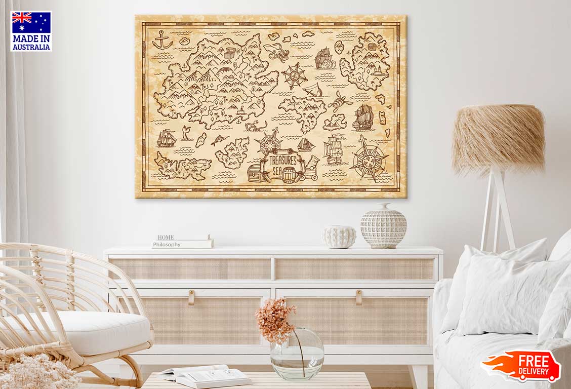 Pirate Treasure Map Sketch Sea Print 100% Australian Made Stretched Canvas Ready to Hang - MP-117