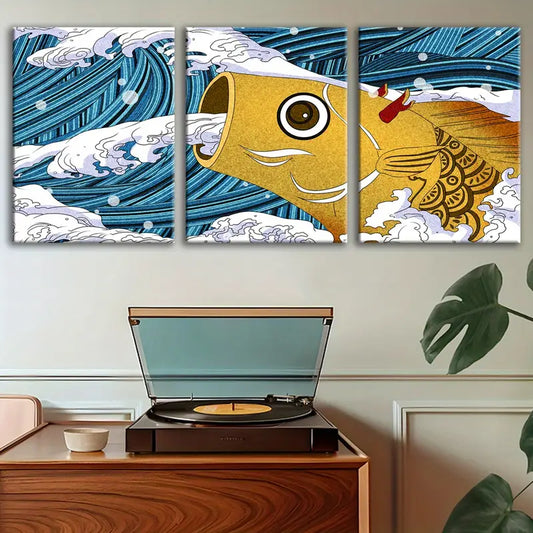 3pcs Japanese Style Ocean Wave & Fish Design Metal Print Ready to Hang Art