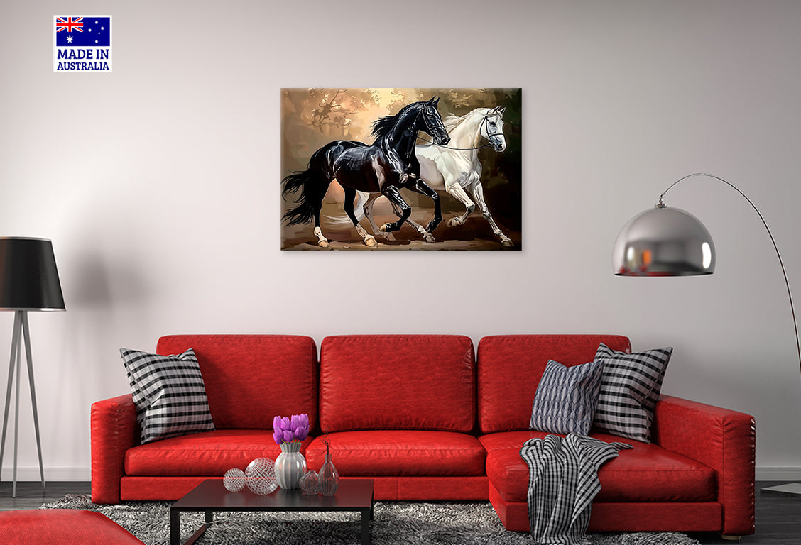 Majestic Horses Gallop Through Lush Forest Print 100% Australian Made 60x40cm Stretched Canvas Ready to Hang