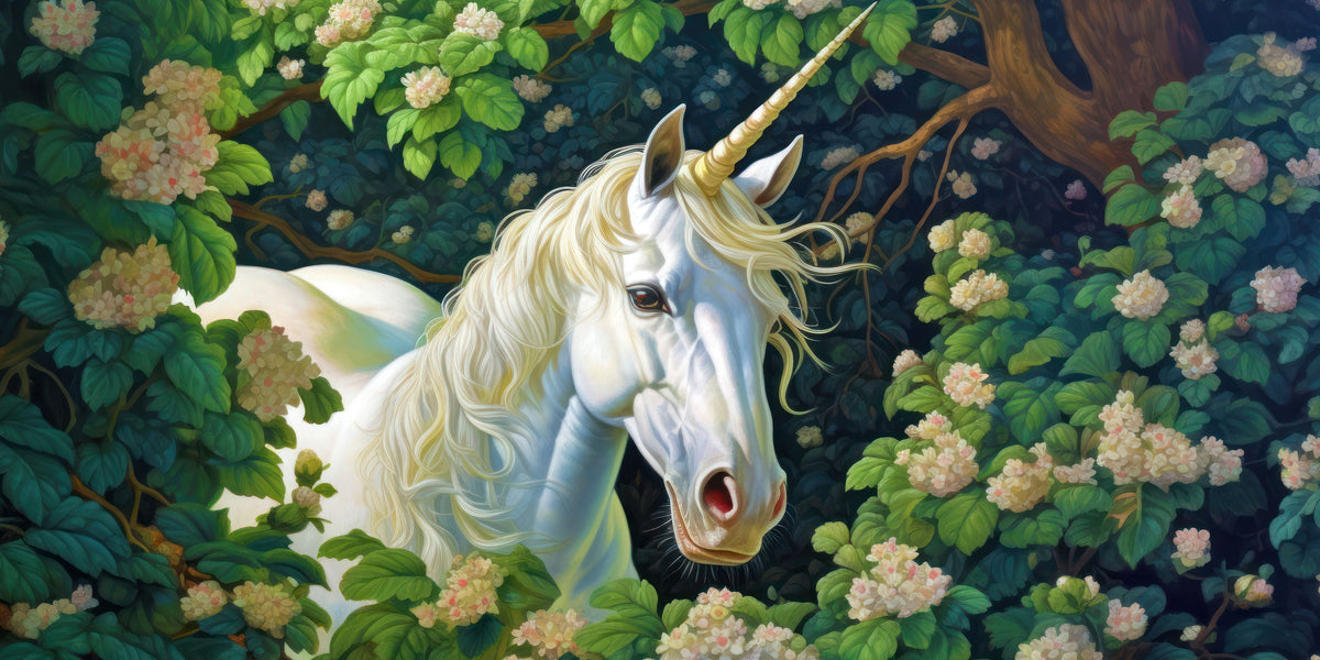 White Unicorn In Garden Fantasy Majestic Forest Wall Art Canvas Office Home Framed 80x45cm
