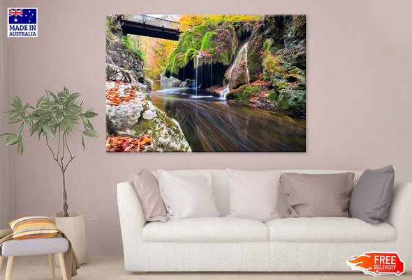 Bridge over Mossy Rock & Waterfall Print 100% Australian Made Stretched Canvas Ready to Hang - NT-117