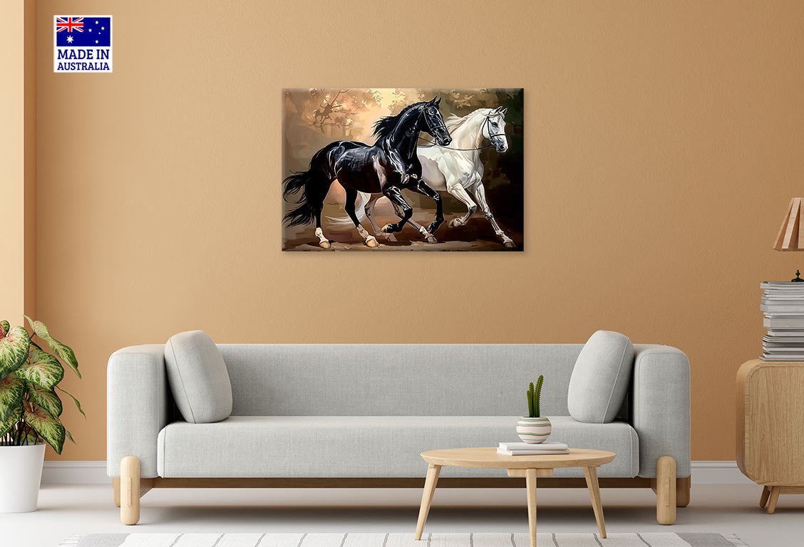 Majestic Horses Gallop Through Lush Forest Print 100% Australian Made 60x40cm Stretched Canvas Ready to Hang