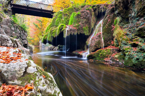 Bridge over Mossy Rock & Waterfall Print 100% Australian Made Stretched Canvas Ready to Hang - NT-117