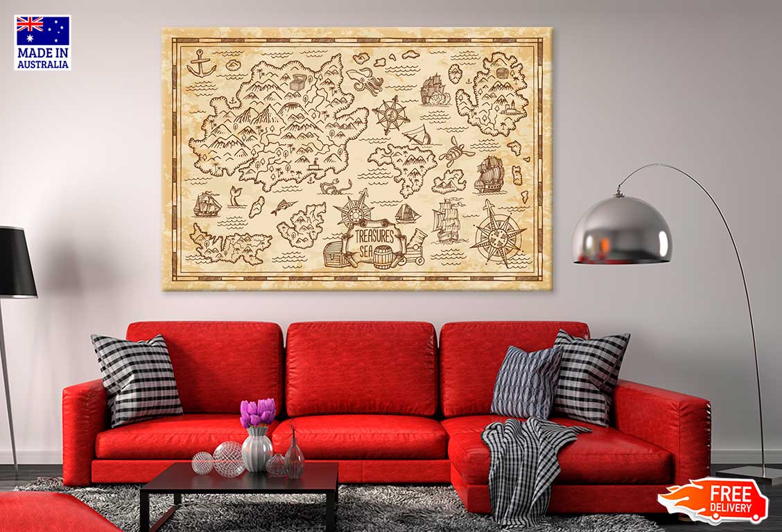 Pirate Treasure Map Sketch Sea Print 100% Australian Made Stretched Canvas Ready to Hang - MP-117