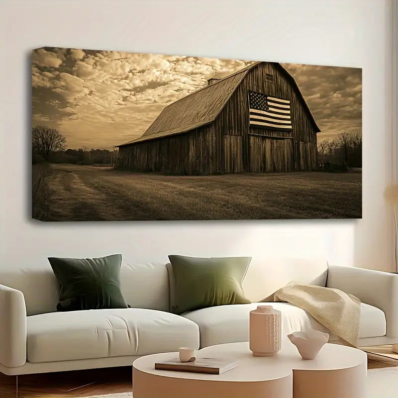 Vintage Rustic Farmhouse Barn & American Flag Wall Art wall canvas office home room framed 120x60cm