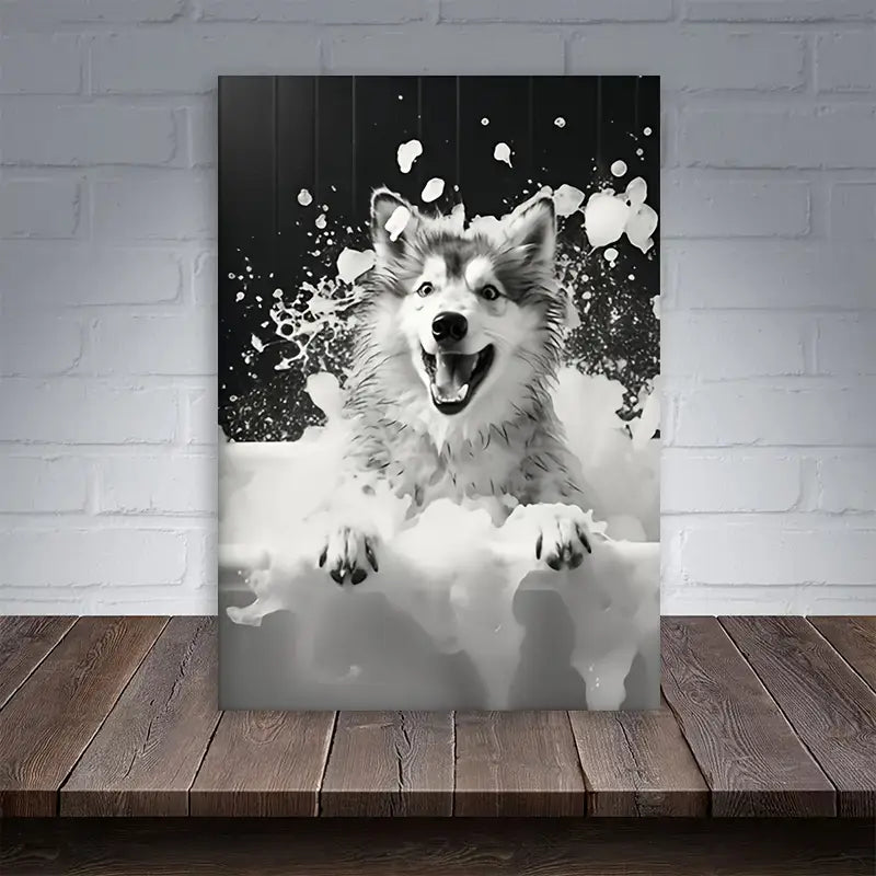 Playful Husky Dog Black & White Print 100% Australian Made 40x60cm Stretched Canvas Ready to Hang