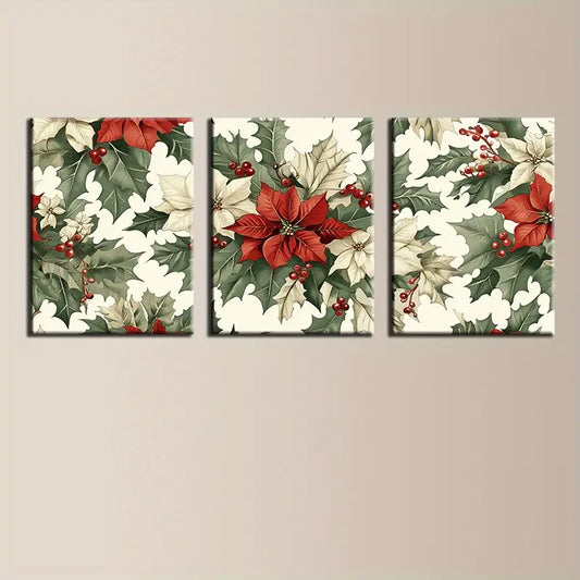 3pcs Festive Holly & Berry Red Green Design Metal Print Ready to Hang Art