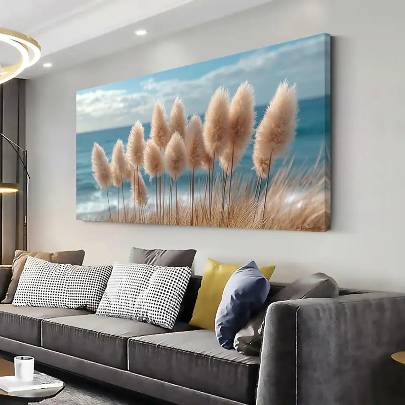 Pampas Grass Coastal Serene Beach Wall Art canvas office home room framed 120x60cm