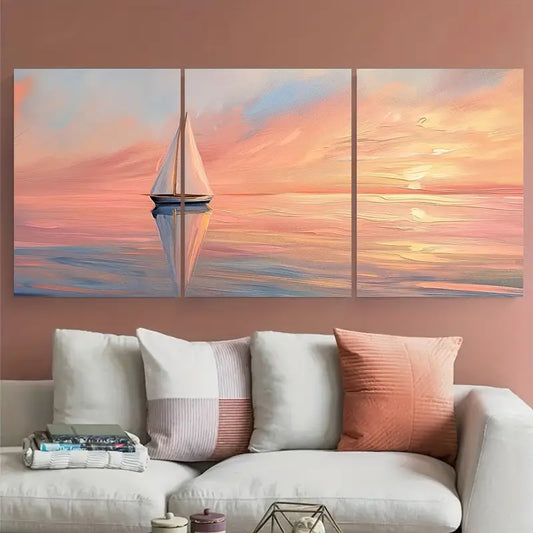 3pcs Sailboat Sailing Ocean At Sunset Metal Print Ready to Hang Art