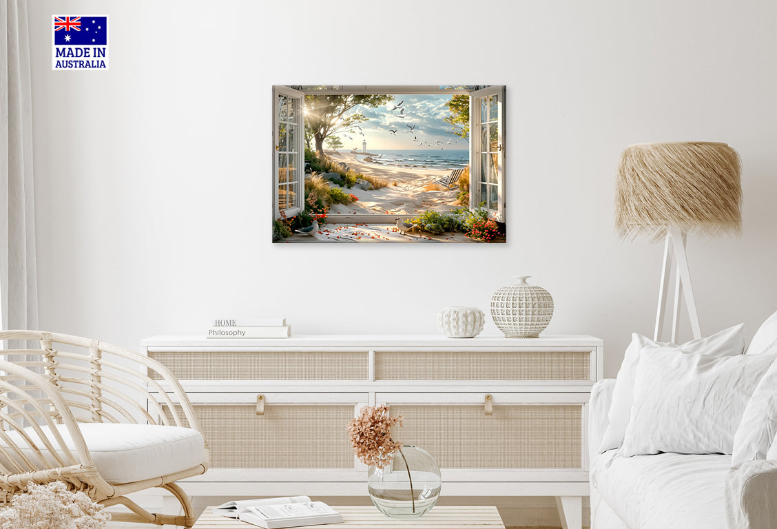 Sunlight Beach Light House Bloom Window View Print 100% Australian Made 60x40cm Stretched Canvas Ready to Hang