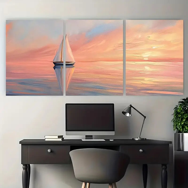 3pcs Sailboat Sailing Ocean At Sunset Metal Print Ready to Hang Art