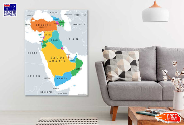 Western Asia Sub region Map Print 100% Australian Made Stretched Canvas Ready to Hang - MP-118