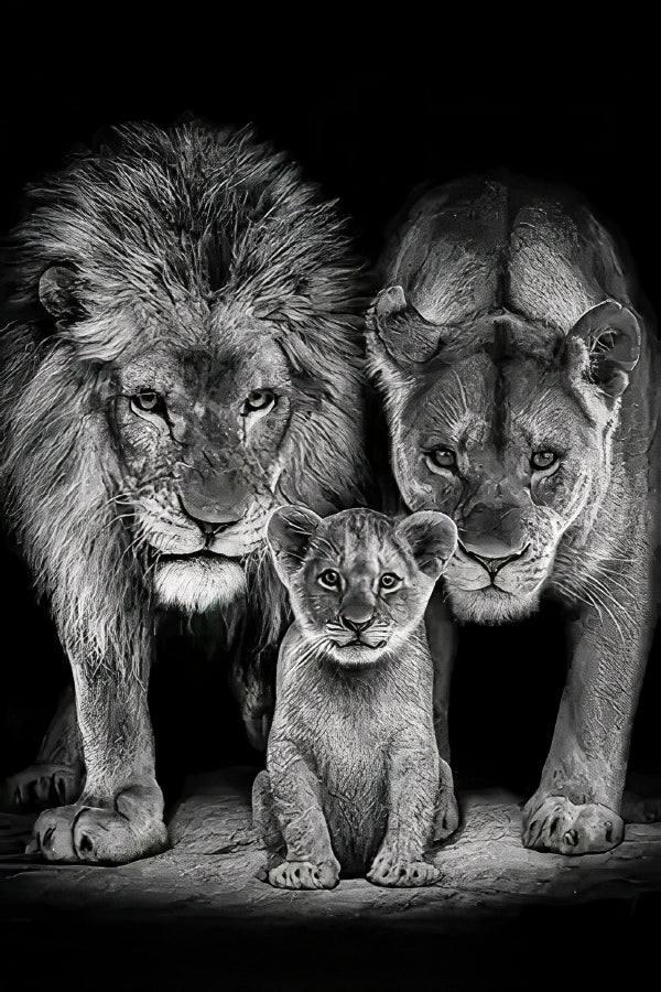 Majestic Black and White Lion Family Print 100% Australian Made 40x60cm Stretched Canvas Ready to Hang