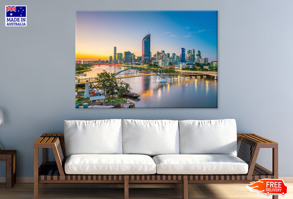 Brisbane city & river at twilight Print 100% Australian Made Stretched Canvas Ready to Hang - AU-118