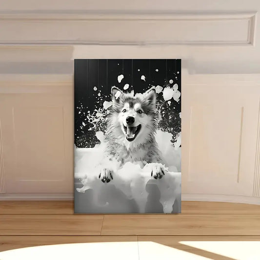 Playful Husky Dog Black & White Print 100% Australian Made 40x60cm Stretched Canvas Ready to Hang