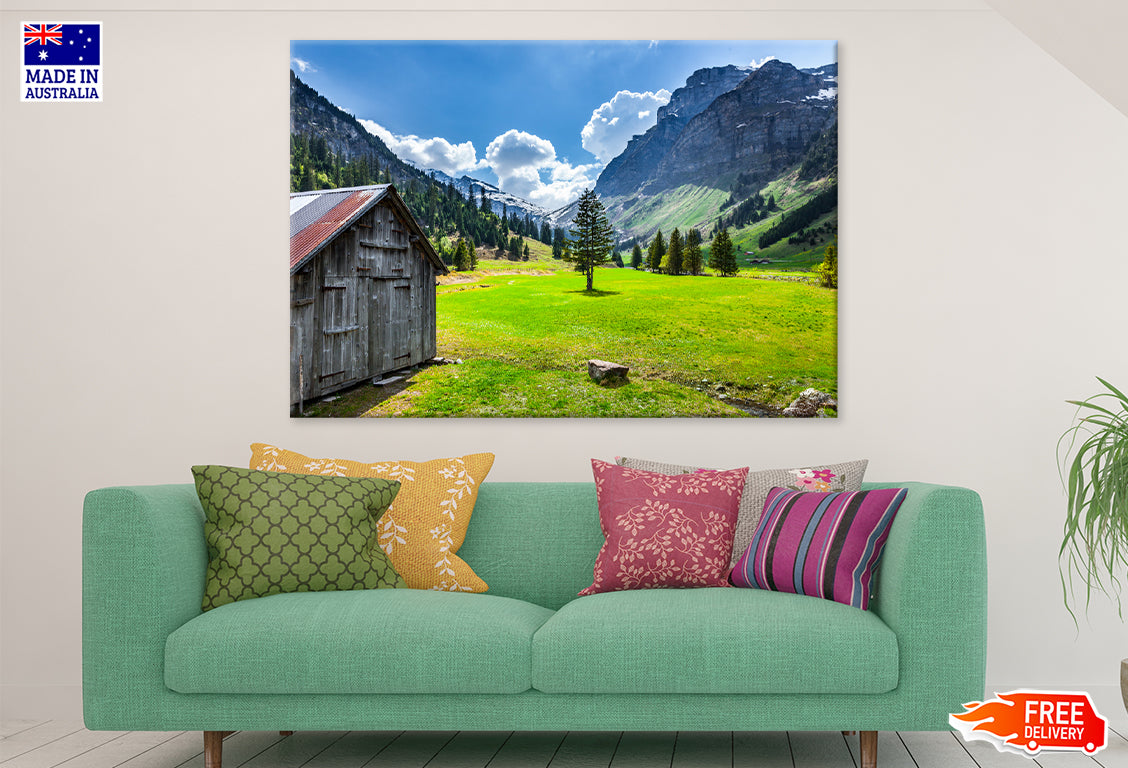 Wooden House in Green Grass Field & Mountains Print 100% Australian Made Stretched Canvas Ready to Hang - NT-118