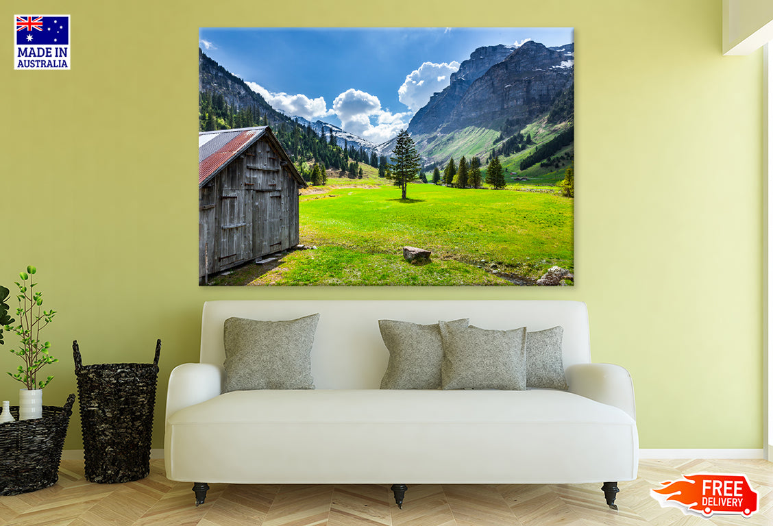 Wooden House in Green Grass Field & Mountains Print 100% Australian Made Stretched Canvas Ready to Hang - NT-118