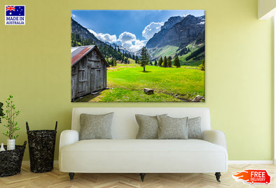 Wooden House in Green Grass Field & Mountains Print 100% Australian Made Stretched Canvas Ready to Hang - NT-118