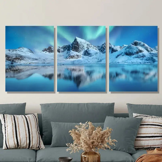 3pcs Snowy Mountain Lake Scenes Northern Lights Metal Print Ready to Hang Art