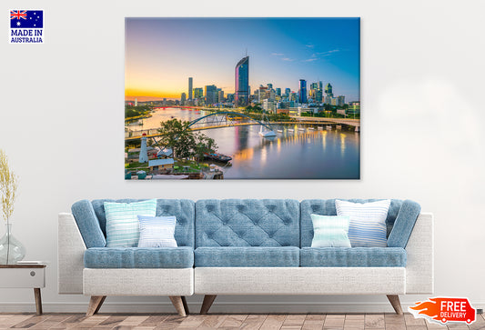 Brisbane city & river at twilight Print 100% Australian Made Stretched Canvas Ready to Hang - AU-118