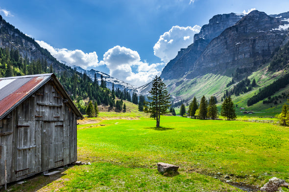 Wooden House in Green Grass Field & Mountains Print 100% Australian Made Stretched Canvas Ready to Hang - NT-118