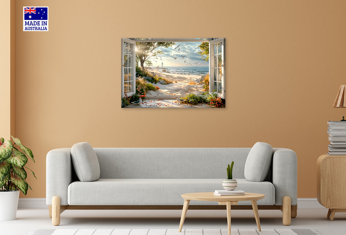 Sunlight Beach Light House Bloom Window View Print 100% Australian Made 60x40cm Stretched Canvas Ready to Hang