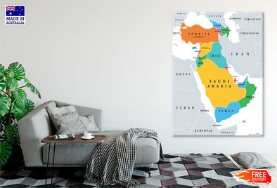 Western Asia Sub region Map Print 100% Australian Made Stretched Canvas Ready to Hang - MP-118