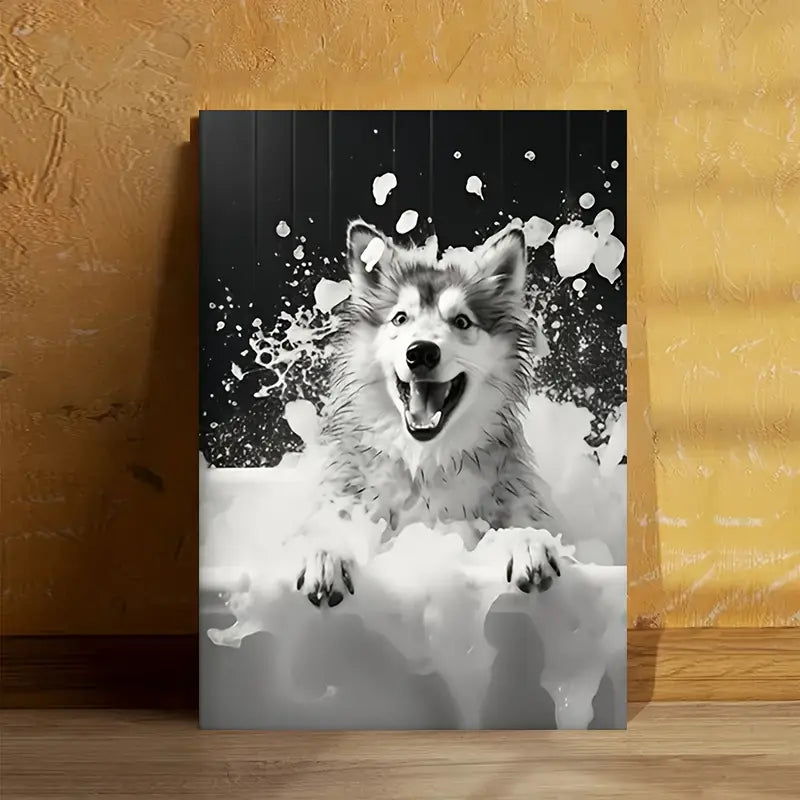 Playful Husky Dog Black & White Print 100% Australian Made 40x60cm Stretched Canvas Ready to Hang