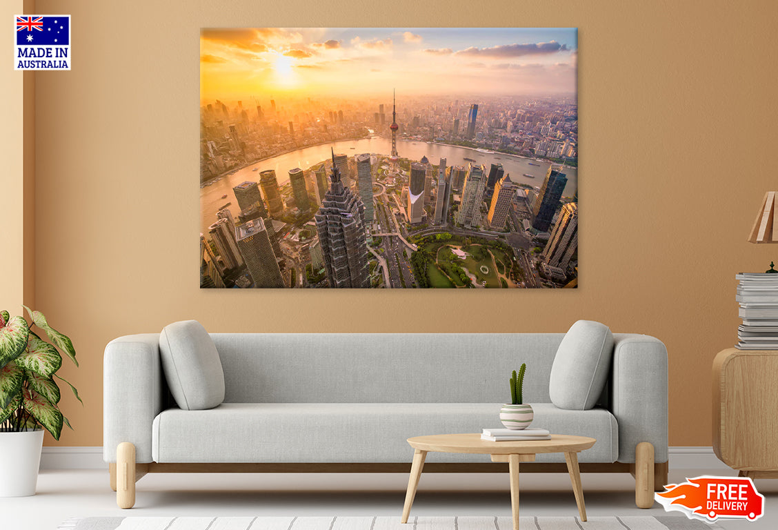 Downtown Shanghai Skyline View Print 100% Australian Made Stretched Canvas Ready to Hang - CT-119