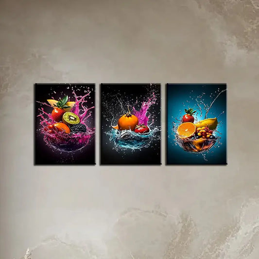 3pcs Vibrant Abstract Fruit Water Splash Metal Print Ready to Hang Art
