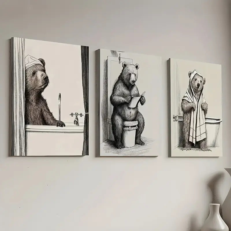 3pcs Retro Style Bear-Like In Bathroom  Wall Art Set Canvas Framed 40x60cm - High Quality Print 100% Australian Made Wall Canvas Ready to Hang