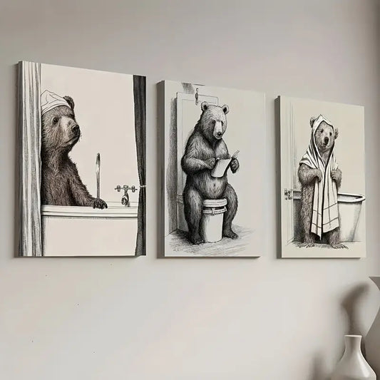 3pcs Retro Style Bear-Like In Bathroom  Wall Art Set Canvas Framed 40x60cm - High Quality Print 100% Australian Made Wall Canvas Ready to Hang