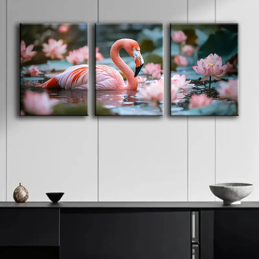 3pcs The Flamingos are Swimming Metal Print Ready to Hang Art