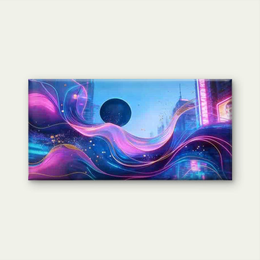 Neon Wave Futuristic City Wall Art Canvas Office Home Room Framed 80x45cm