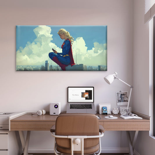 Super Heroine City Skyline Wall Art Canvas Office Home Room Framed 80x45cm