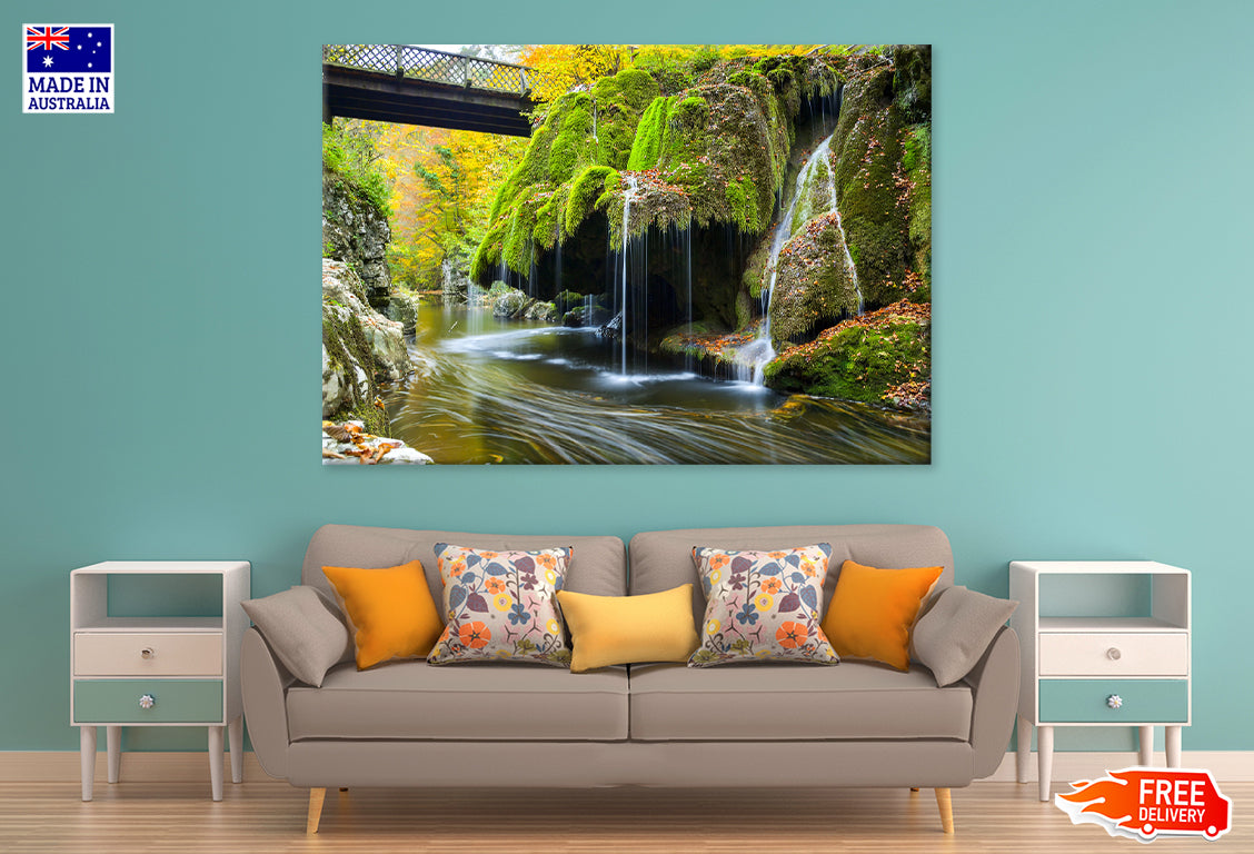 Mossy Rocks & Water Cascading Print 100% Australian Made Stretched Canvas Ready to Hang - NT-119