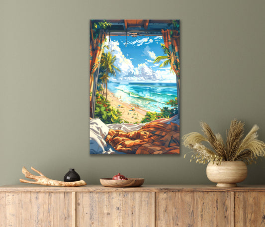 Bedroom With View of The Summer Ocean Waves & Palm Trees Print 100% Australian Made 40x60cm Stretched Canvas Ready to Hang