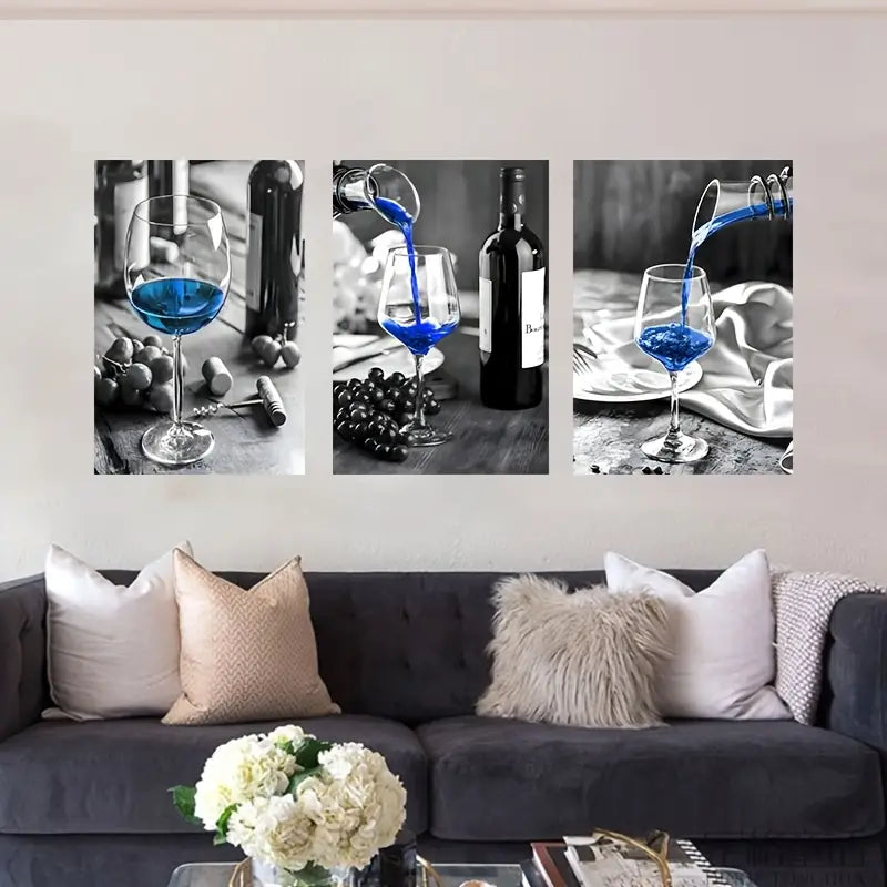 3pcs Black & White Blue Wine Pouring Metal Print Ready to Hang Art