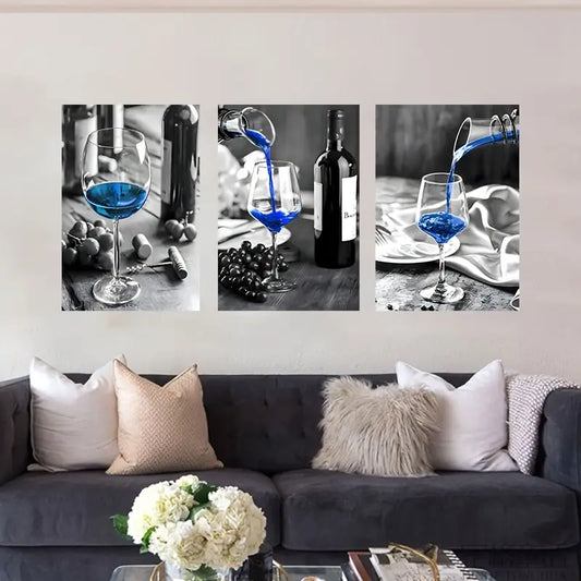 3pcs Black & White Blue Wine Pouring Metal Print Ready to Hang Art
