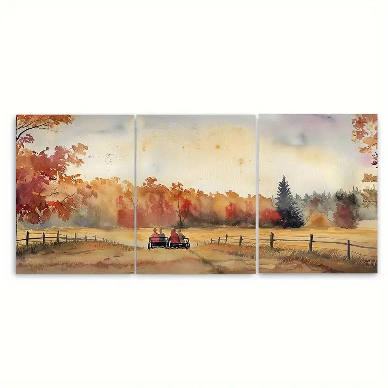 3pcs Fall Foliage Family On Hayride Metal Print Ready to Hang Art
