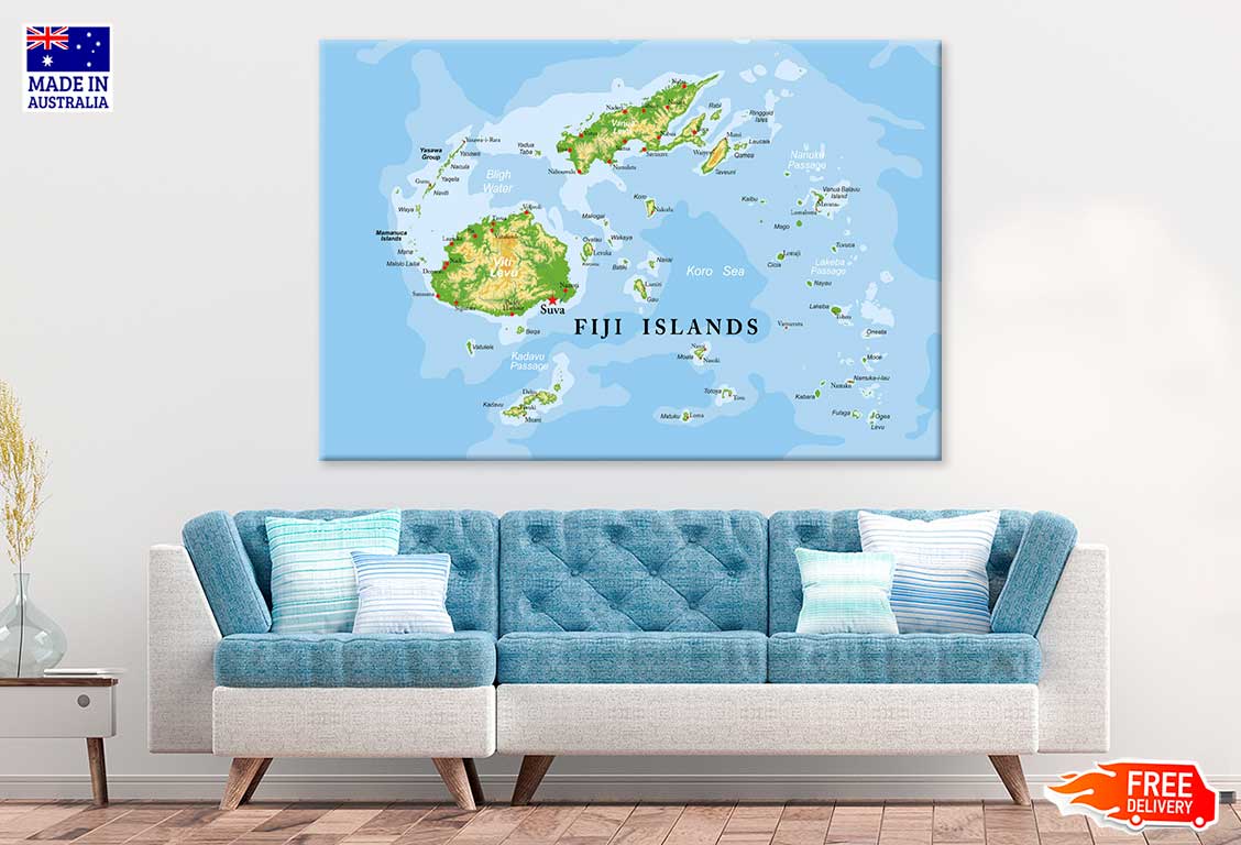 Fiji Islands Highly Physical Map Print 100% Australian Made Stretched Canvas Ready to Hang - MP-119