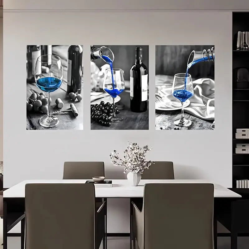 3pcs Black & White Blue Wine Pouring Metal Print Ready to Hang Art
